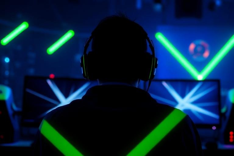 Jogador de e-sports em frente ao PC em arte neon