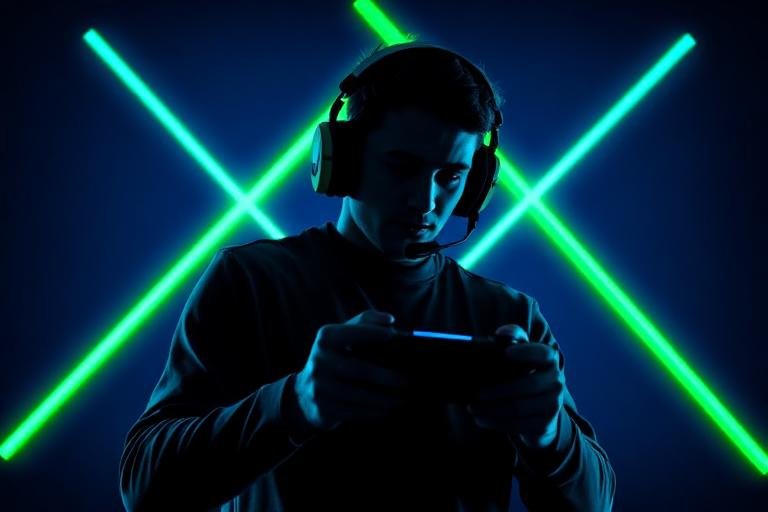 Jogador com headset e controle em arte neon
